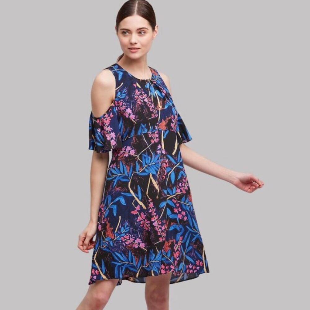 Anthropologie Maeve Elia black pink blue floral‎ cold shoulder dress size 10